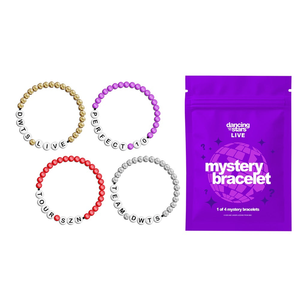 One of Four beaded bracelets with letter beads and a purple packaging bag labeled 'mystery bracelet' on a white background.